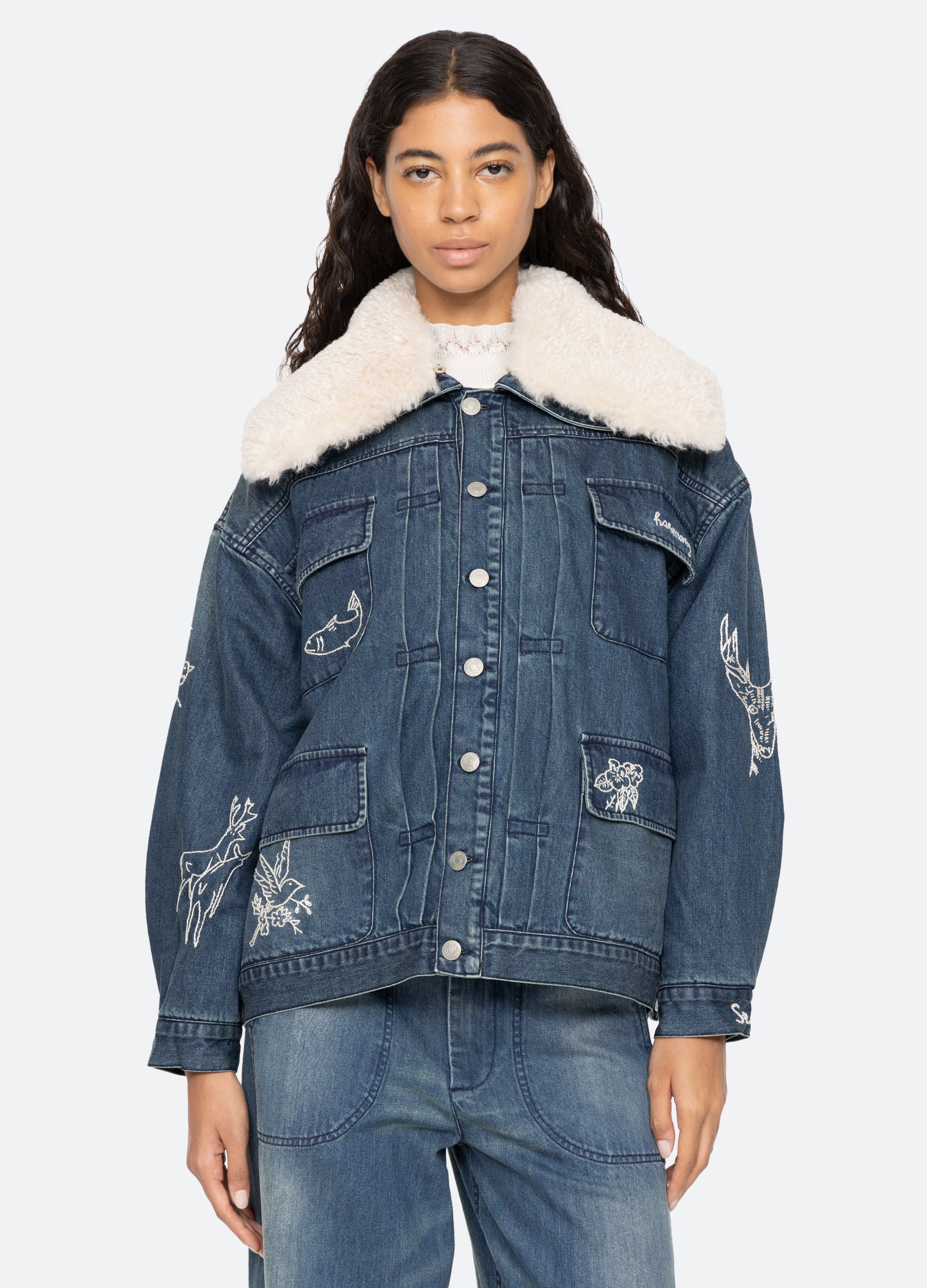 Long denim jacket with fur collar sale