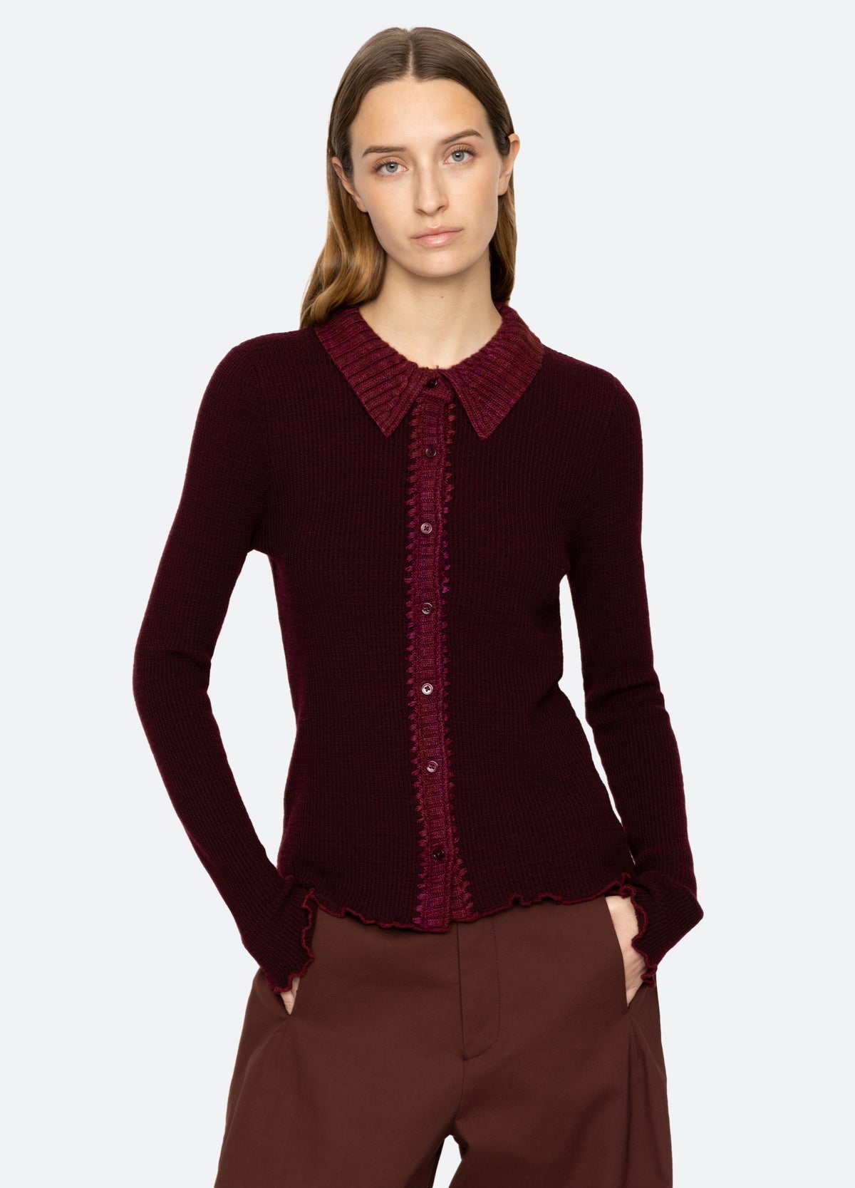 burgundy-clare cardigan-front view 3