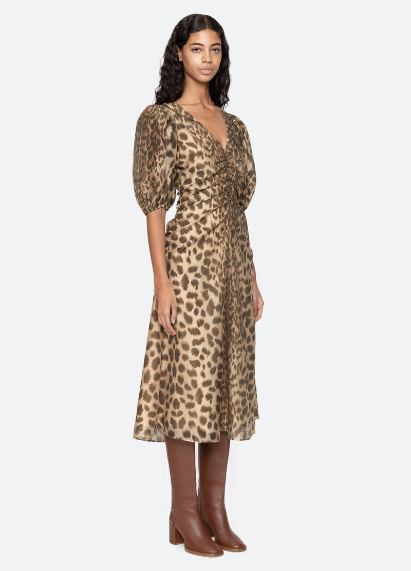 leopard print midi dress with sleeves Mesh Leopard Print Midi Dress