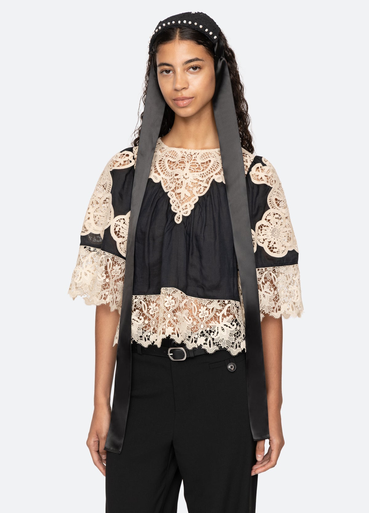 black-inez pearl headband-full body view - 3