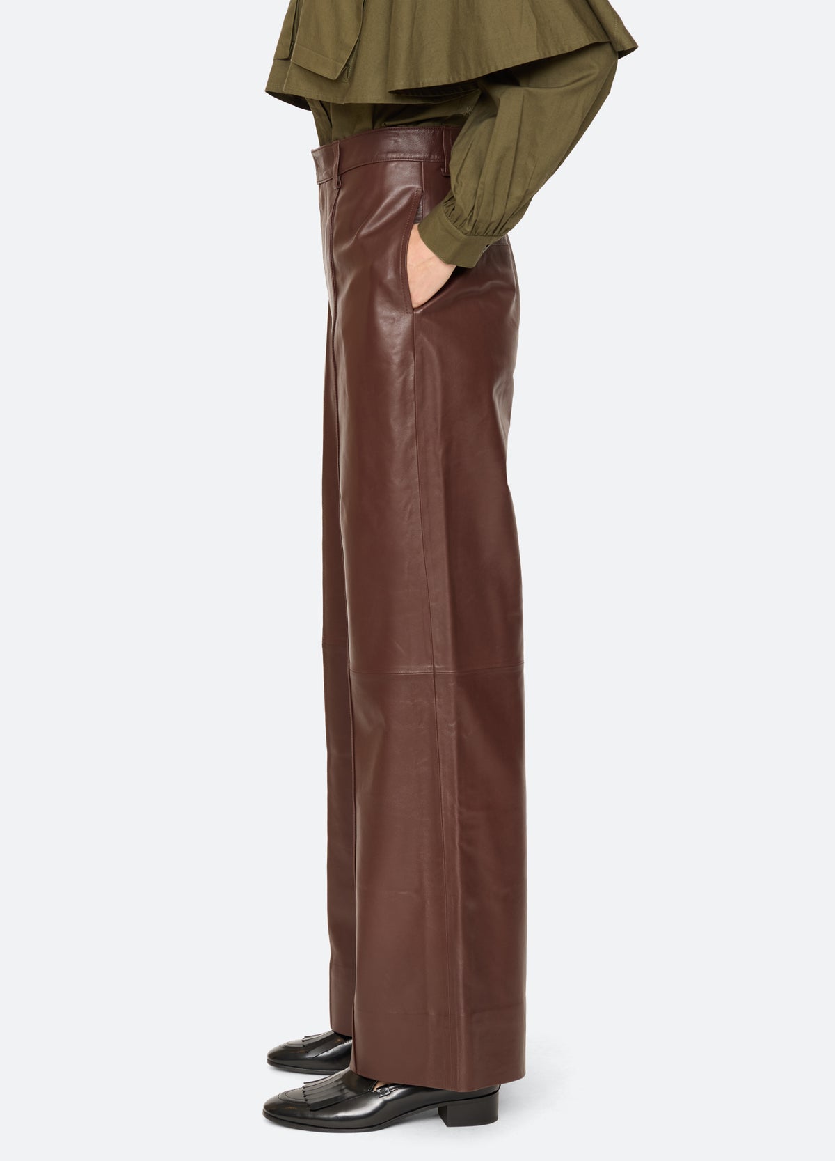 brown-caitlin leather pants-side view - 4