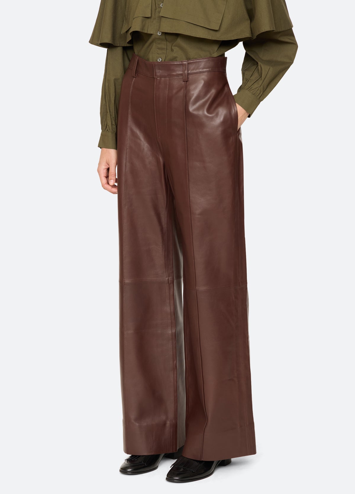brown-caitlin leather pants-three quarter view - 5