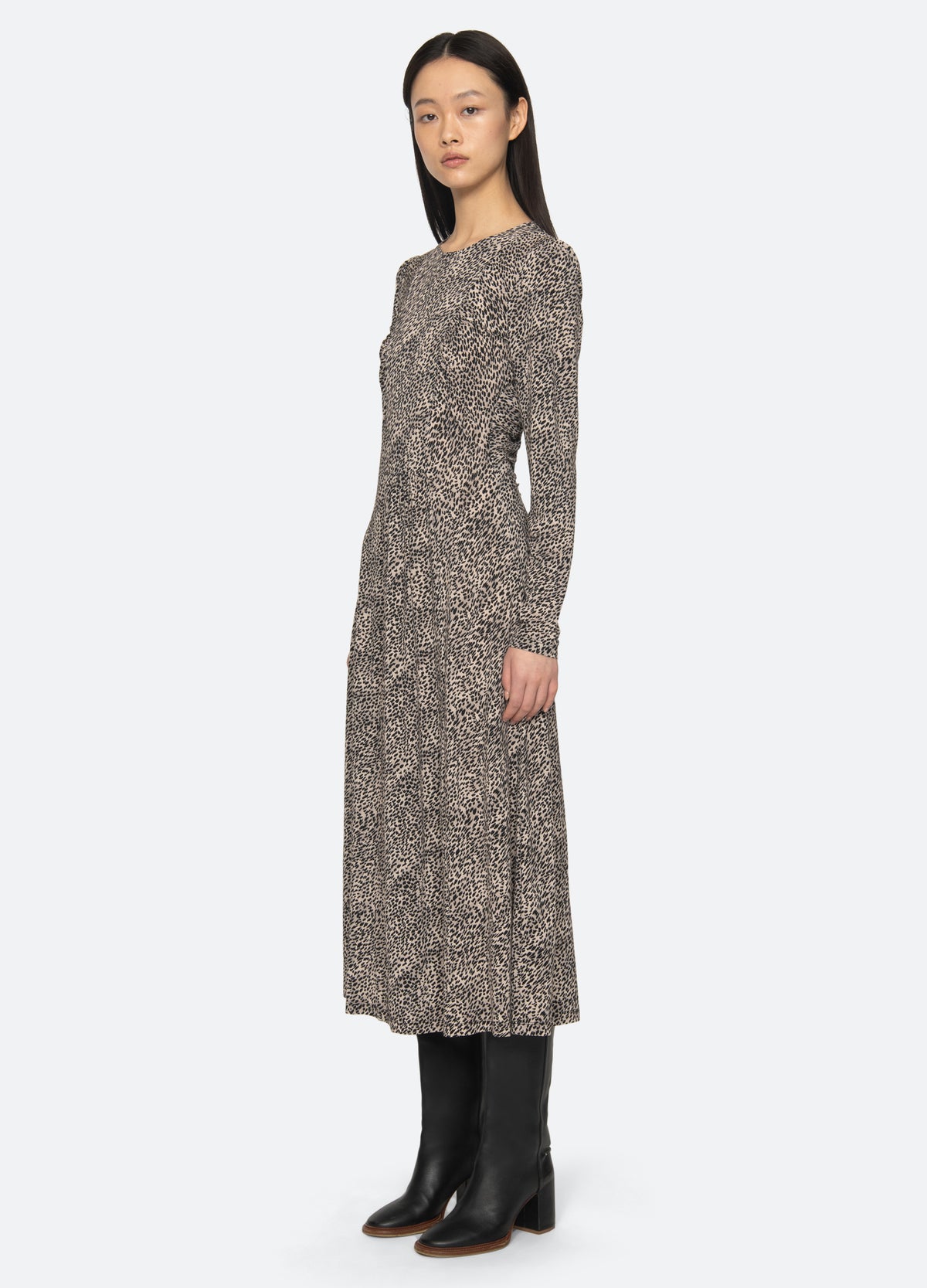 cream-charlize l/s dress-three quarter view - 4
