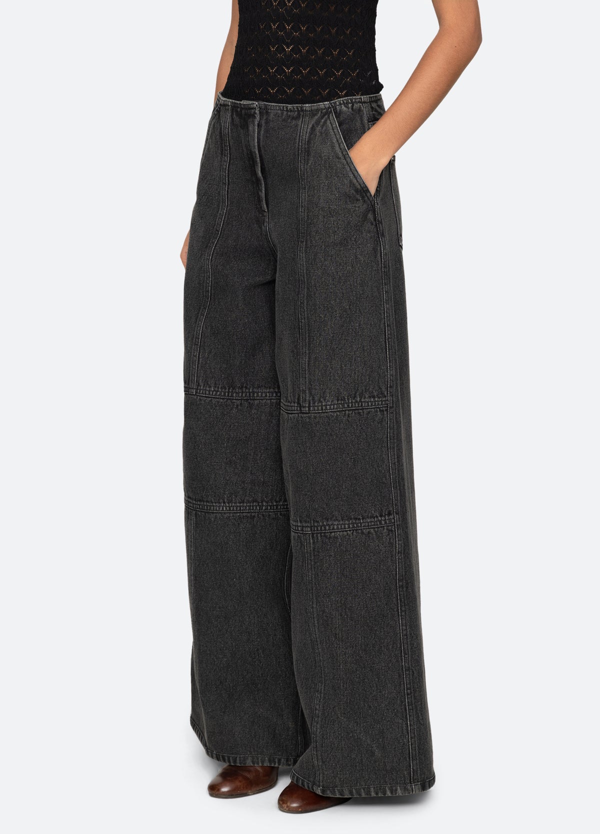 black-zayna wide leg jeans-three quarter view - 5