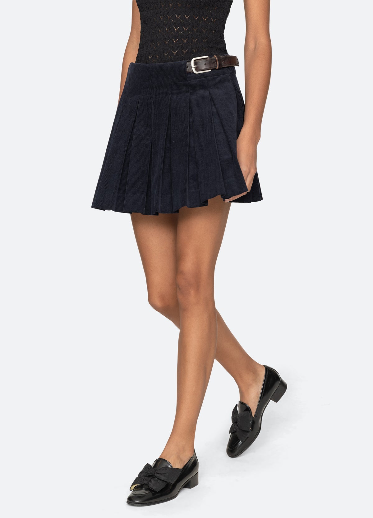 navy-garrett mini skirt-walking view - 6