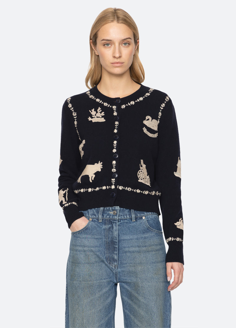 navy-margeurite cardigan-front view - 1