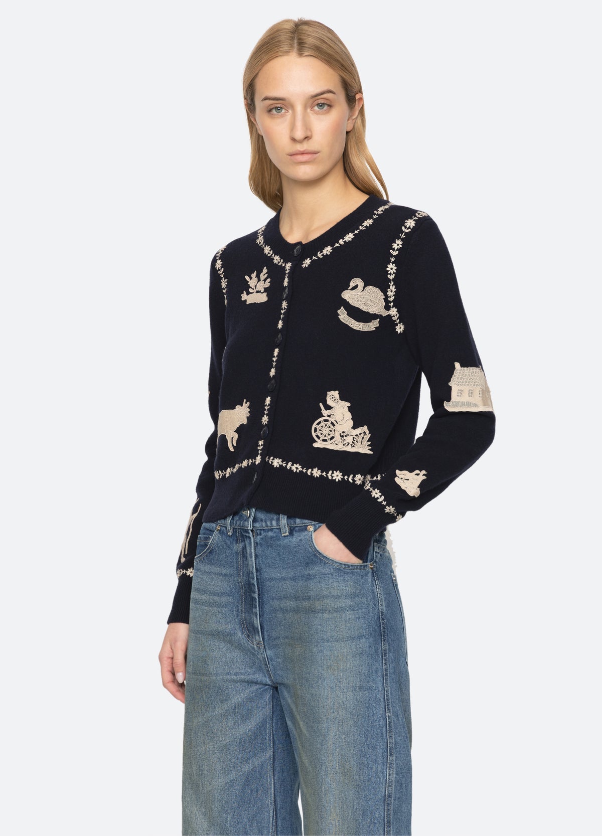 navy-margeurite cardigan-three quarter view - 6