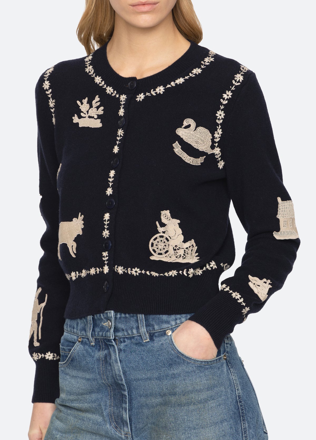 navy-margeurite cardigan-detail view - 2