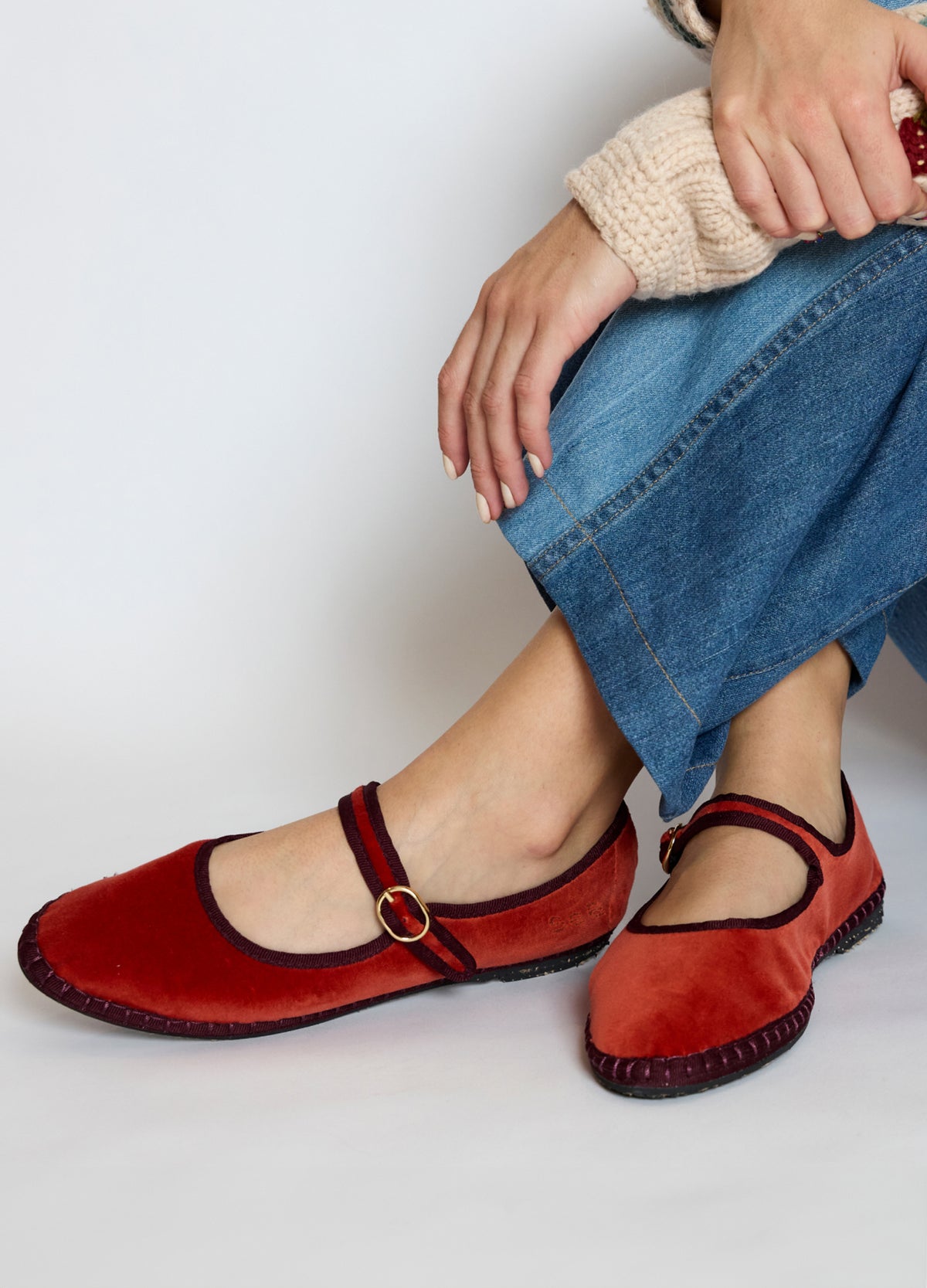 terracotta-velvet mary jane shoe-editorial view