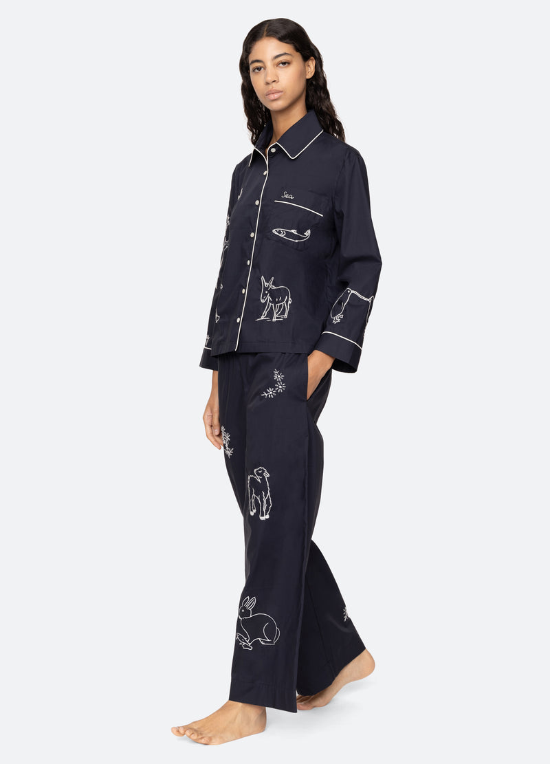 navy-demi pj set-walking view - 2