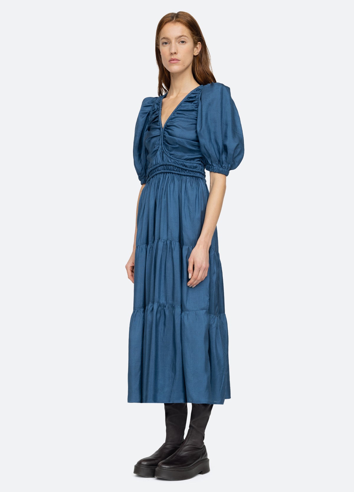 blue-kyle v-neck dress-three quarter view - 3