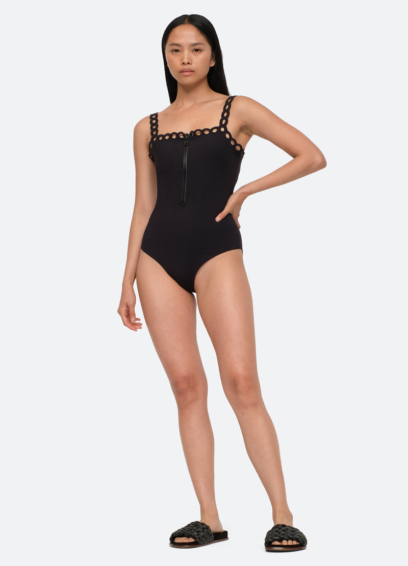 black-solid scallop one piece-front view - 1