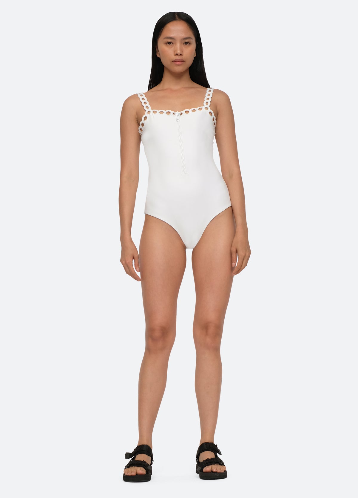 white-solid scallop one piece-front view - 3