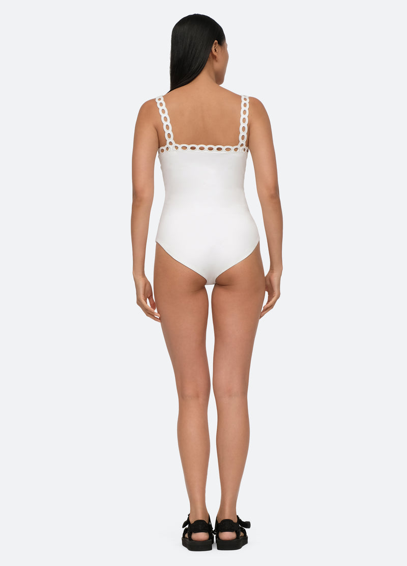 white-solid scallop one piece-back view - 4