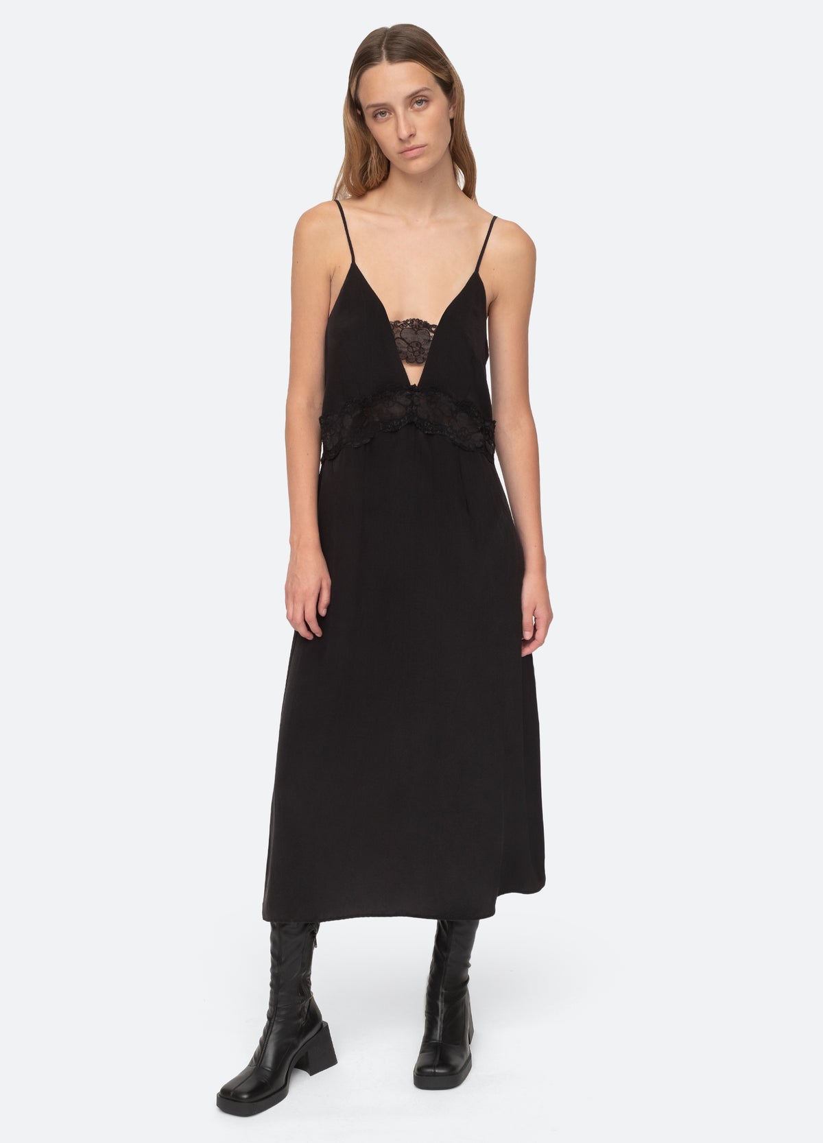 Black Lace French Style Midi Slip Dress