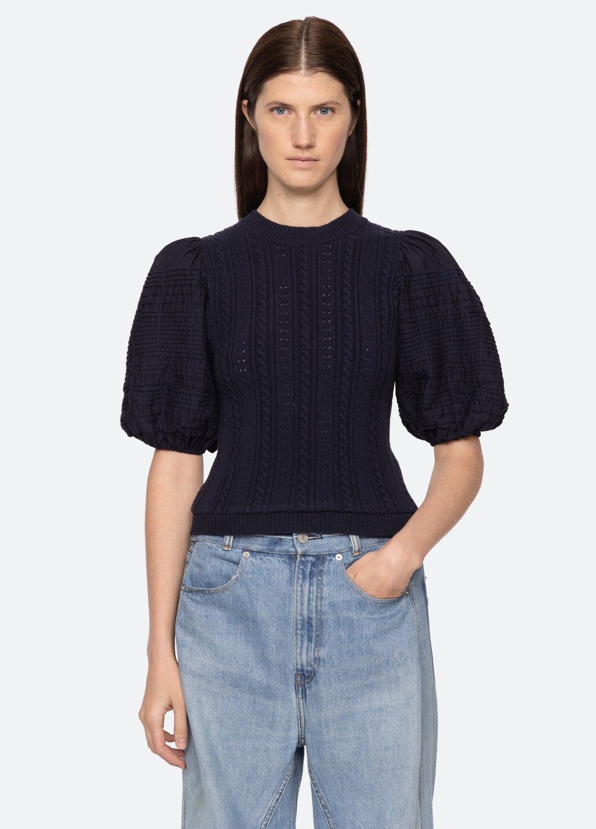 navy-myra combo sweater-front view