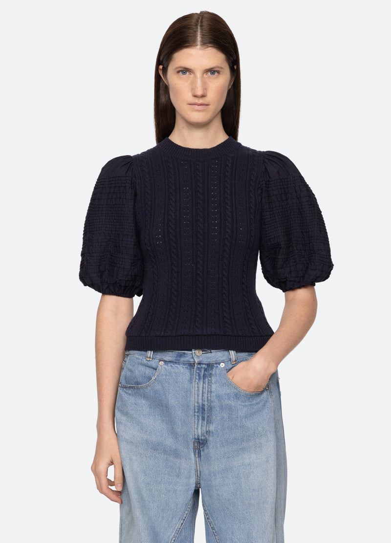 navy-myra combo sweater-front view - 1