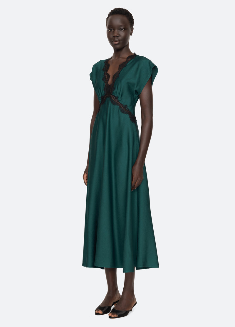 teal-noa v-neck dress-three quarter view - 10