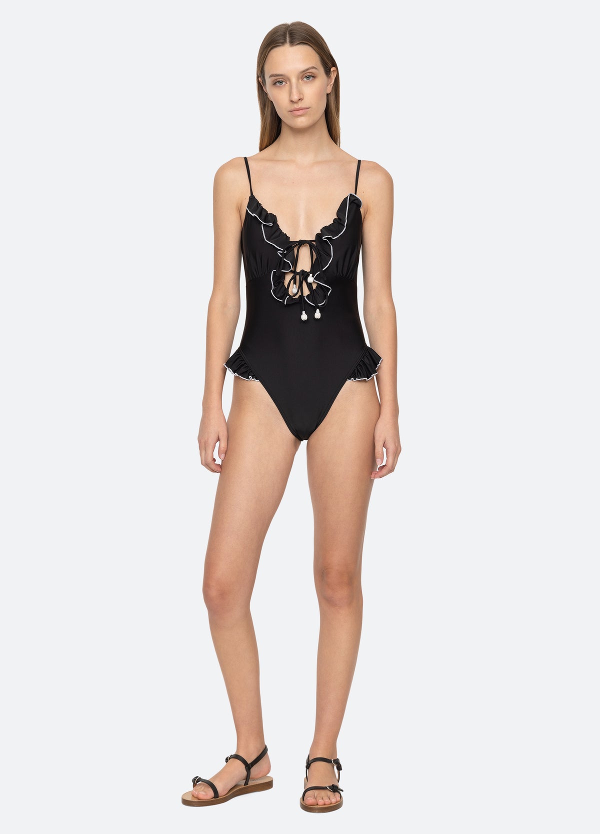 black-camille ruffle one piece-front view