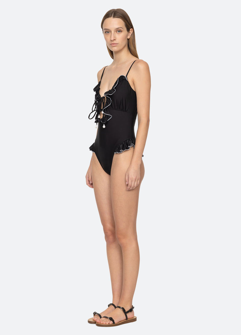 black-camille ruffle one piece-three quarter view - 5