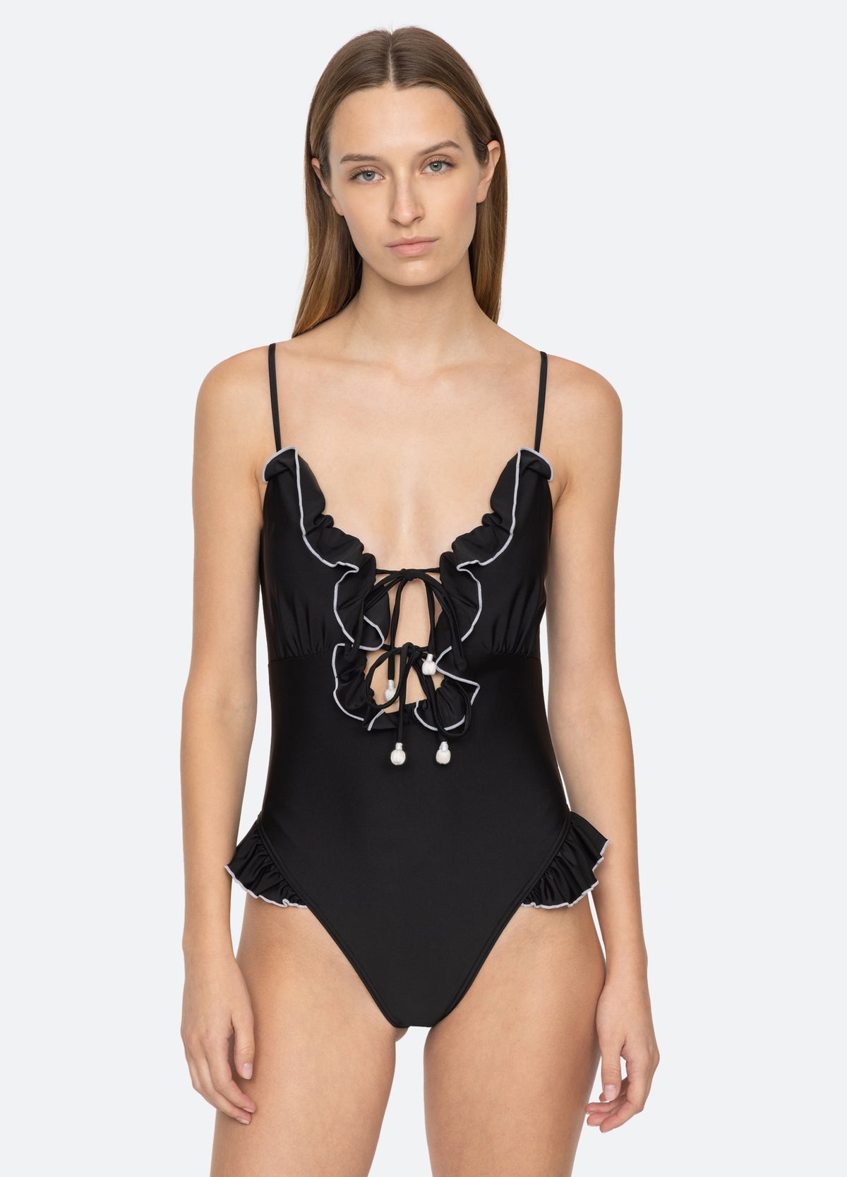 black-camille ruffle one piece-detail view - 7