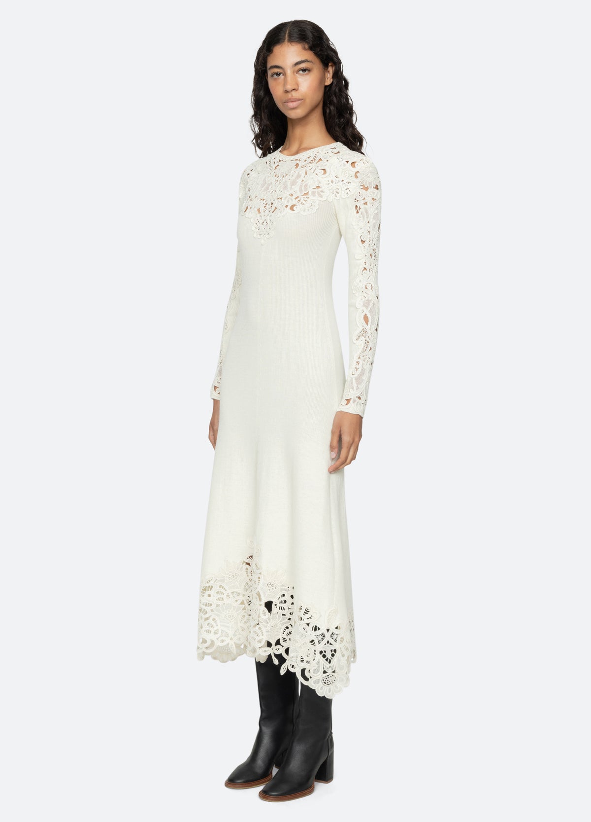 cream-adelina l/s dress-three quarter view - 5