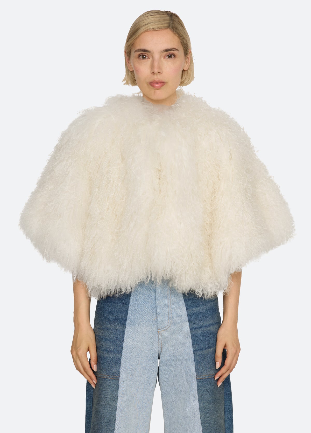 cream-michaela fur cape-front view - 2