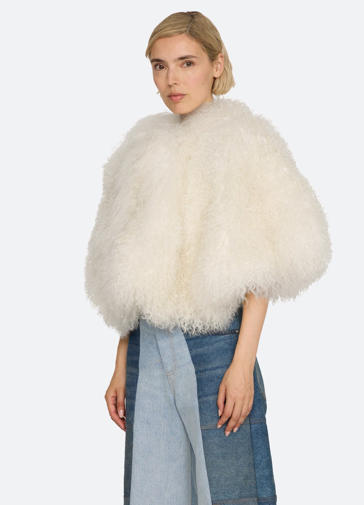 cream-michaela fur cape-three quarter view - 5