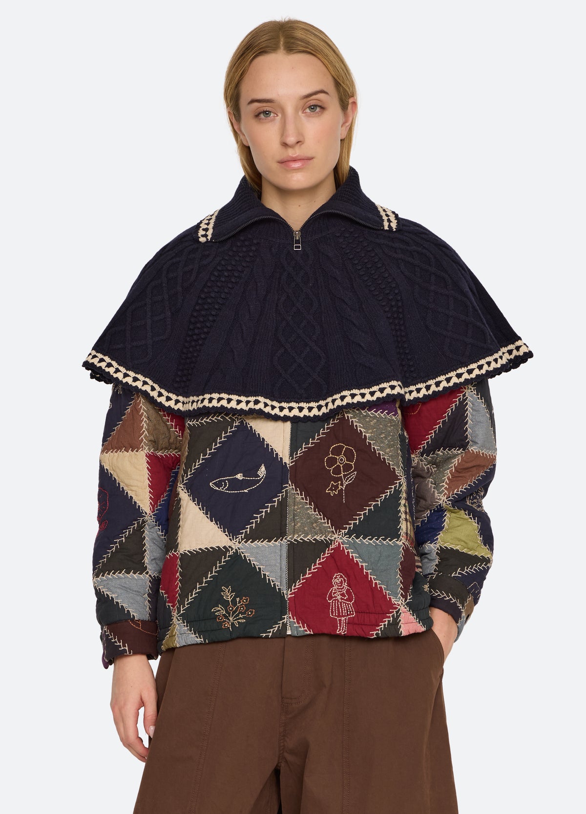 navy-jackie knit collar-front view - 3