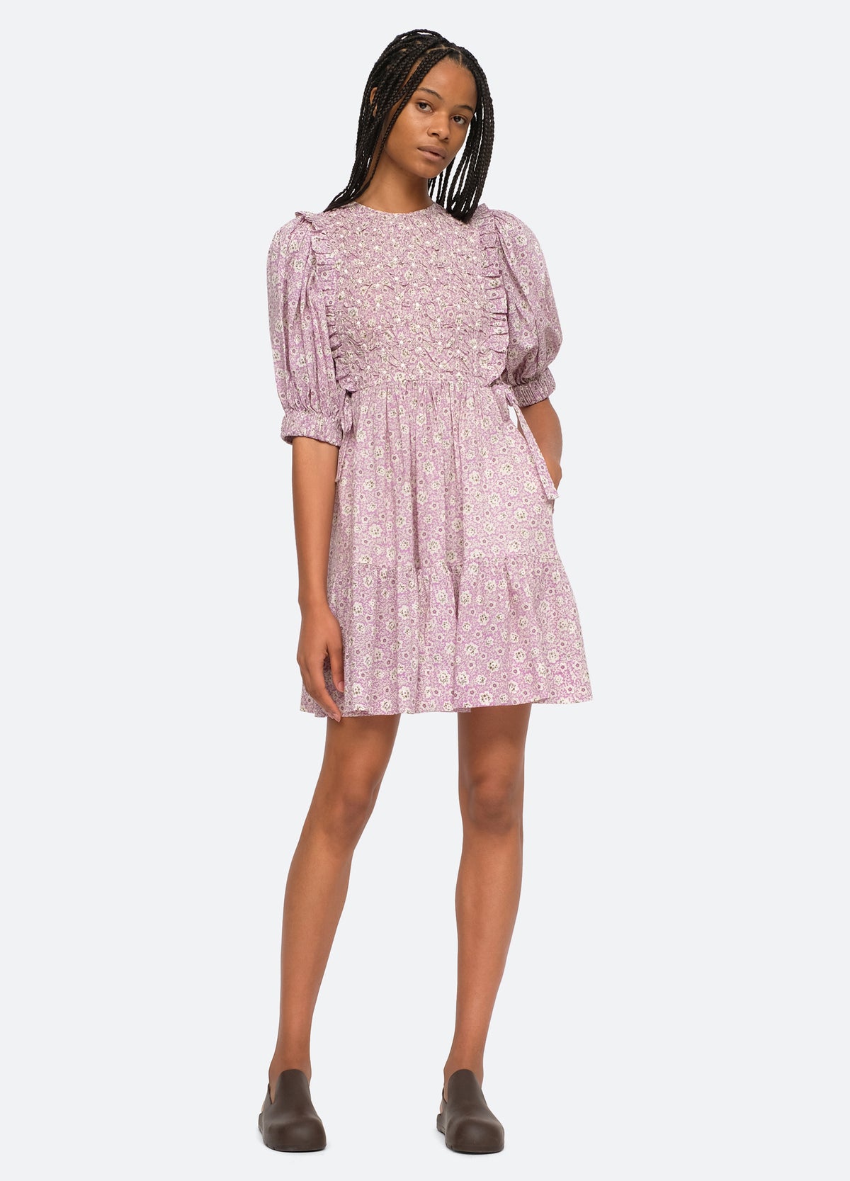 lilac-ida puff slv dress-front hand in pocket view - 7