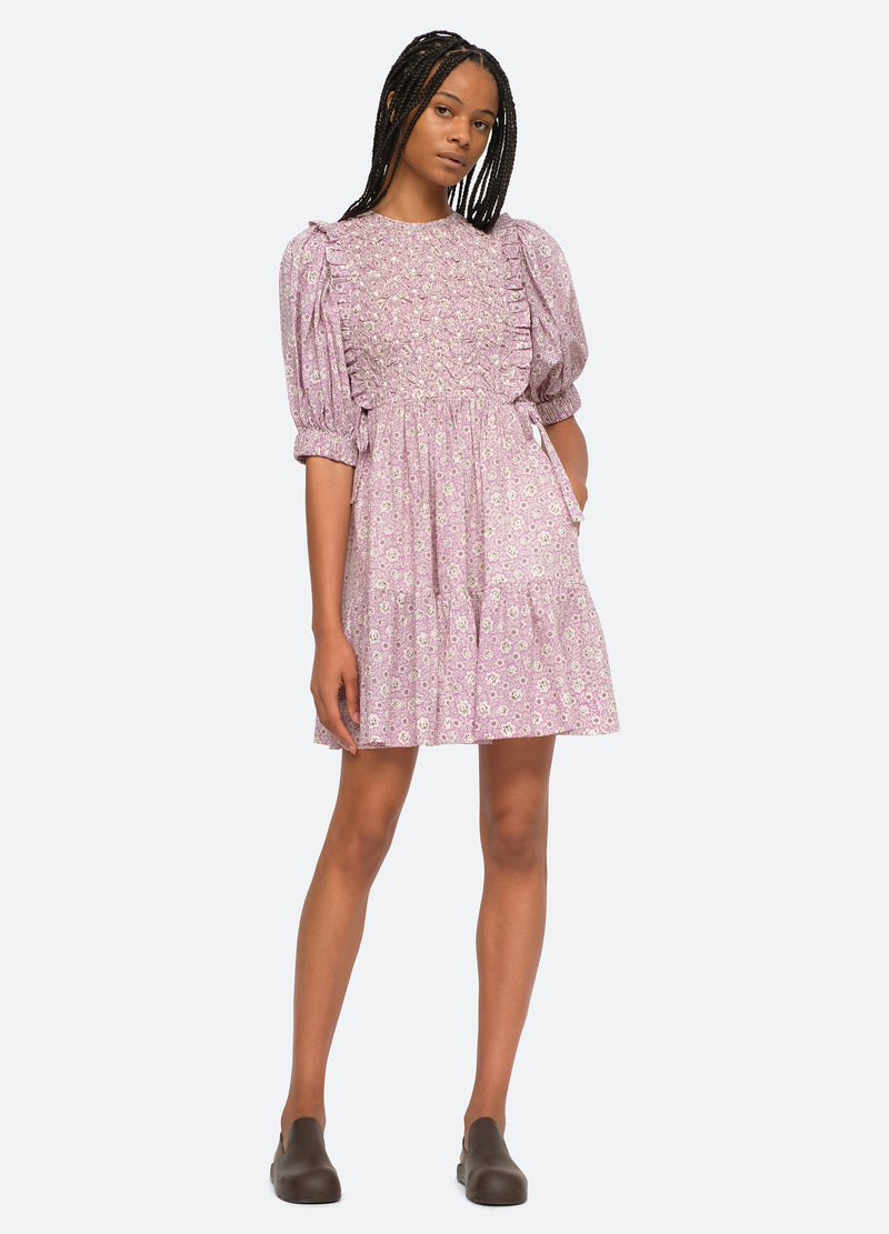 lilac-ida puff slv dress-front hand in pocket view - 7
