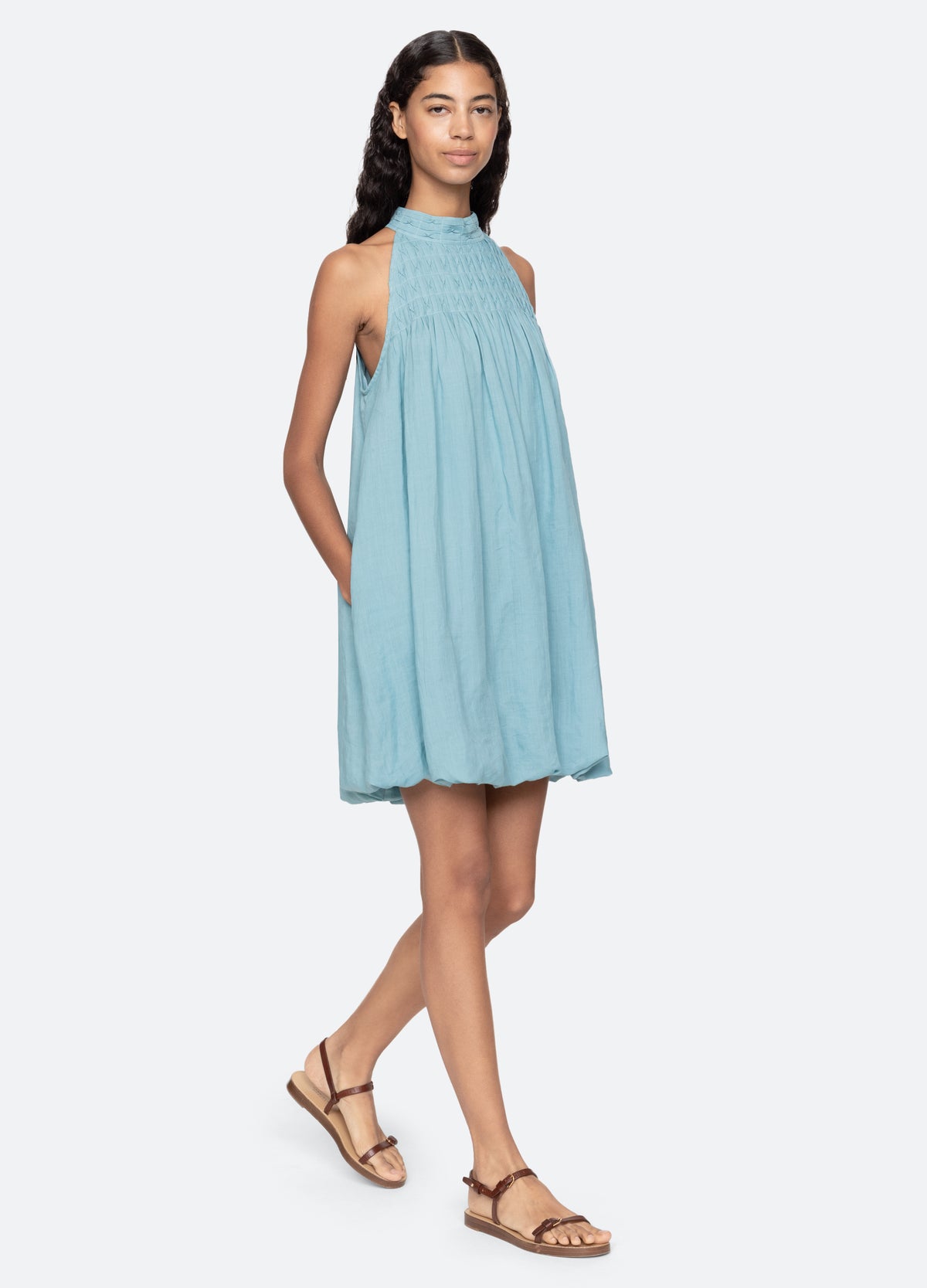 blue-violet mini dress-walking view