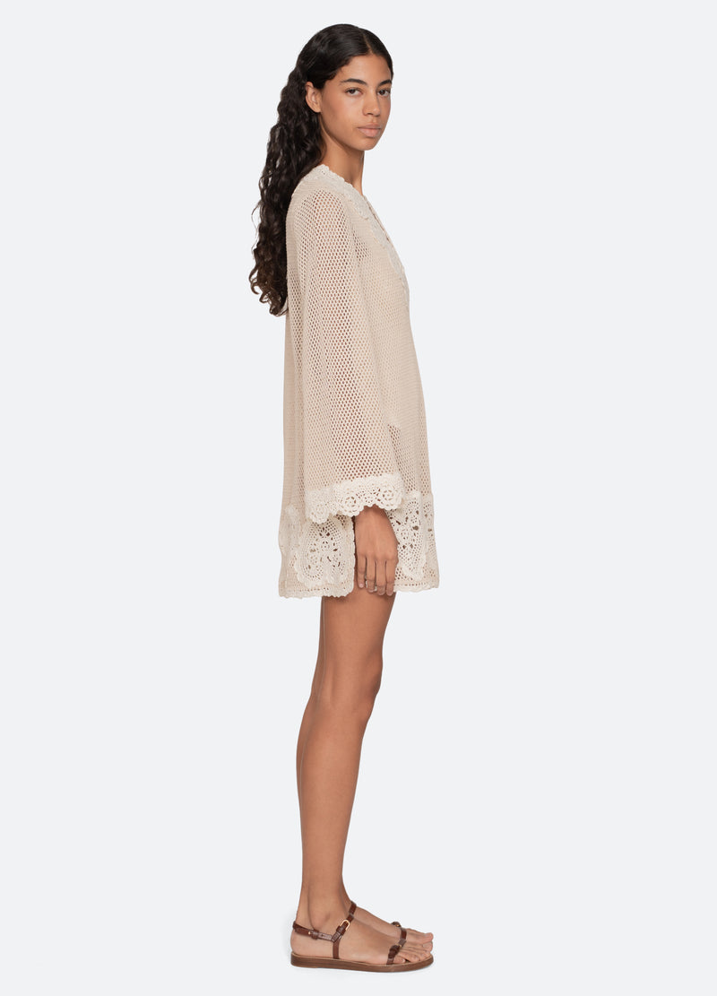 cream lace tunic dress Long Sleeve V-Neck Lace Tunic Dress