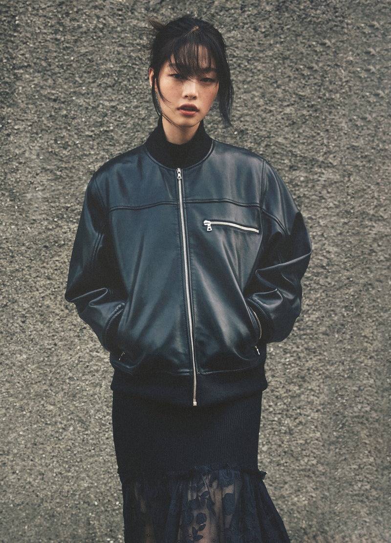 Women's Leather Bomber Jacket in Black - Urban Fashion Studio